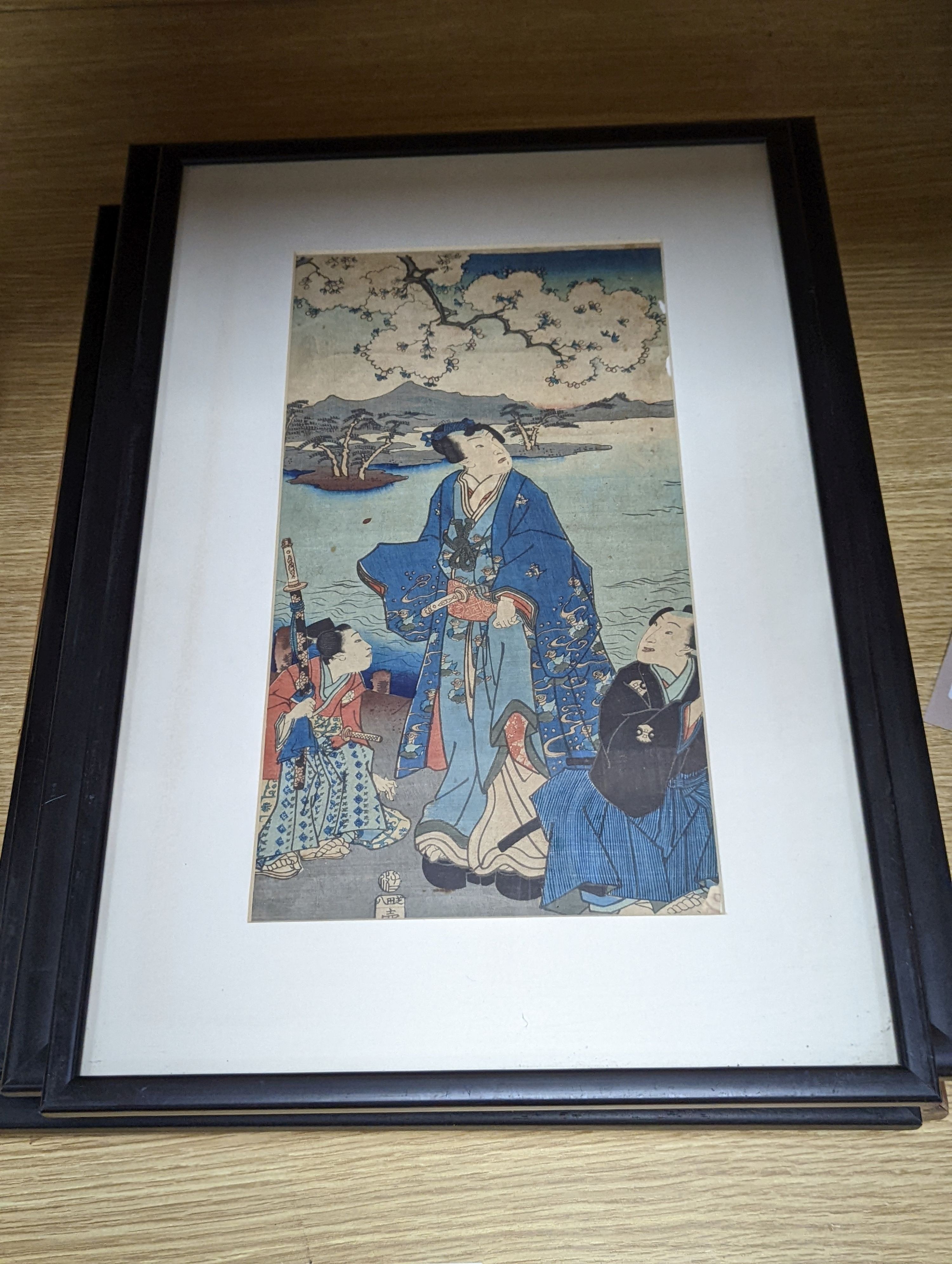 Toyokuni III (1786-1864), wood cut print, 'Prince Genji and his pages', 34 x 18cm, a study of a samurai by Kunisada, 35 x 24cm and four other Japanese woodblock prints